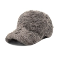 Detail view showing soft plush texture of dark grey faux fur winter baseball cap - Gray