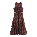 Retro-Boho-Maxikleid mit Paisley-Print, Taillenausschnitten und gestuftem Volantrock - XS / Dunkelbraun