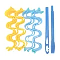 Set of 30cm heatless wave hair rollers in yellow and blue with styling hook tools - Blue Yellow 12Pcs
