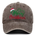 Close-up of Merry Christmas embroidery on a washed vintage cotton baseball cap - Adjustable / Coffee