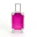 Mini transparent rose red suitcase storage box with white trim and wheels for lashes - Fuschia
