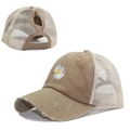 Detail of vintage baseball cap with daisy embroidery, ponytail hole, and breathable mesh - Khaki