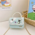 Mini mint blue tweed handbag for girls with pearl handle and rhinestone crown accent - Green