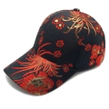 Floral embroidered baseball cap featuring red and gold flowers on black jacquard fabric - M (56-58cm) / Black