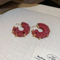 Close-up of C-shaped red woven earrings with golden beads and steel needle detail - 106# Wrapped Bead Craft / Red/Gold