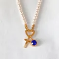 Pearl necklace with heart clasp, initial T and blue crystal pendants - Letter T