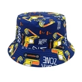 Detail of kids bucket hat with navy blue cotton fabric and yellow excavator prints - Head Circumference 52-54cm / Navy Blue