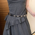 Bohemian black leather belt with silver embossed metal buckles on a grey dress - 100cm / Black Thin Belt With Silver Vintage Charms Style (K0294)