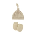 Detailed set of beige soft knitted baby knotted hat and anti-scratch mittens - Beige Hat and Mittens