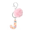 Pink faux fur pompom keychain with a letter J resin pendant and heart sequins - Letter J