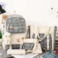 Ensemble scolaire 5 pièces en toile à carreaux gris et beige avec sac à dos et pochettes - Noir