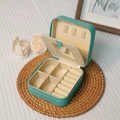 Portable mint green leather jewelry box with beige velvet lining and ring slots - Double Layer with Mirror-Tiffany Blue