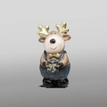 Weihnachts-Rentierfigur aus Harz mit blau gestreifter Latzhose und goldener Box - Harz / Geschenkbox-Rentier