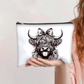 White canvas highland cow cosmetic bag with black zipper and cute floral print design - Line Art Highland Cow with Daisy (jiayingpbb0109)