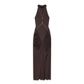 Modisches dunkelbraunes Halterneck-Maxikleid mit eleganten Metallketten-Details an der Taille - S / Kaffeebraun