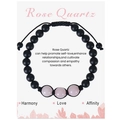 Detail view of pink rose quartz and black matte beads on a woven adjustable bracelet - Rose Quartz Bracelet