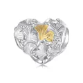 S925 Sterling Silber Herzanhänger mit goldenem Ginkgoblatt und Zirkonia-Steinen - 925er Silber / Herz Ginkgo Charm (BSC1043)