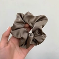 Elegant taupe silk satin scrunchie with a glossy texture for minimalist hair styling - 12.5CM / Brown