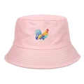 Close-up of pink cotton bucket hat with colorful rooster embroidery and stitched brim - Adjustable / Pink