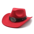 Detail of red wool felt cowboy hat with leather band and eagle embossed silver buckle - M (56-58cm) / Red