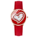 Women quartz watch with red suede strap and rhinestone heart-shaped dial design - Red