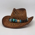 Vintage western cowboy straw hat with hollow weave and turquoise bead decoration - One Size(56-58cm) / Khaki Coffee With Turquoise