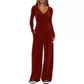 Detail of burgundy V-neck wrap top and wide-leg trousers set in soft knit fabric - XS / Top And Bottom / Burgundy