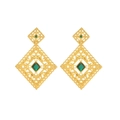 Gold hollow geometric earrings with green gemstones and vintage filigree details - Rhombus Hollow Filigree (E303238) - Gold Green