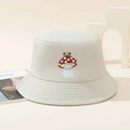 Detail of mushroom frog embroidery on a beige cotton sun hat with a minimalist setup - One Size / Beige