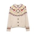 Women's cream knit cardigan featuring colorful horse patterns and geometric textures - S / Off White