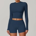 Ensemble de yoga femme avec crop top manches longues bleu marine et short sport - Chemise À Manches Longues 8886 + Short 8519 Insigne Bleu / S