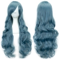 Long wavy cosplay wig in muted grey-blue finish with side-swept bangs for women - Military Blue