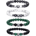 Set of four 8mm natural stone beaded bracelets including turquoise and tiger eye for men - Snowflake+Howlite+Malachite+Matte
