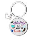 Detail of stainless steel nurse keychain with heart stethoscope charm and medical icons - Nursing IS A WORK OF heart Style (F款)