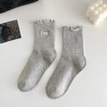 Grey mid-calf socks featuring delicate ruffled cuffs and elegant side bow accents - Light Gray