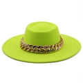 Detailed view of fluorescent green felt hat with a bold decorative gold chain link band - M (56-58cm) / Fluorescent