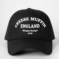 Classic black cotton baseball cap with white Cheese Muffin England 1975 3D embroidery - One Size / Black