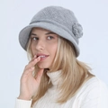 Elegant grey knitted flower hat for women with plush details and thermal lining - Light Gray