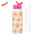 White 1L stainless steel water bottle with sun face prints, pink straw lid and brush - Ivory White 23L