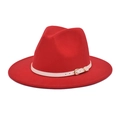 Detail of red wool fedora hat featuring a white slim leather belt and gold buckle - M (56-58cm) / Red