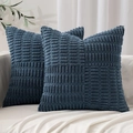 Set of two blue corduroy square pillow covers with textured fabric on a sofa - 18x18 Inch / Navy Corn Kernel
