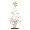 Dettaglio dell'albero di Natale in legno con pelliccia bianca, stella oro e campanello - Bianco