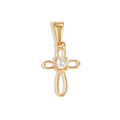 Detail view of a 24K gold-plated hollow cross pendant with a central sparkling gemstone - Knot Cross (XPLS06)