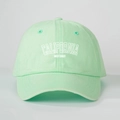 Macro detail of Mint Green California baseball cap with white embroidered text and cotton fabric - One Size / Light Green