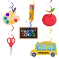 6-piece Back to School party hanging swirls featuring bus, pencil, and blackboard - Back to School Hanging Swirls