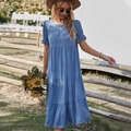 Robe longue bleue à manches courtes et volants pour les vacances d'été et les événements - Bleu