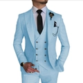 Sky blue men's three-piece slim fit suit with notched lapels and double-breasted vest - Light Blue