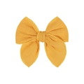 Solid mustard yellow fabric bow hair clip for babies featuring refined edge stitching - Ginger Yellow