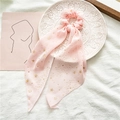 Pink chiffon hair scrunchie with long ribbons and golden star patterns - Light Pink With Gold Stars