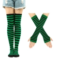 Detail of green and black striped thigh-high knit socks and fingerless arm warmer set - One Size / Green & Black Thin Stripes